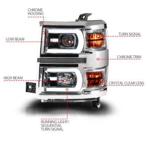 Anzo USA - 111618 | Anzo USA Chrome Housing Dual Switchback + Sequential LED Tube Square Projector Headlights (2014-2015 Silverado 1500) - Image 4