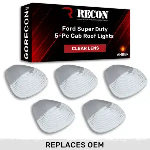 264142CL | Recon 5 Piece Cab Lights Amber Xenon Bulbs with Clear Lens (1999-2016 F250, F350 Super Duty |Replaces OEM factory installed Ford 99-16 cab roof light lenses)