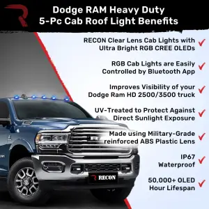 Recon Truck Accessories - 264146CLRGB | Recon 5 Piece Set Clear Cab Roof Light Lens with RGB (Multi-Colored) High-Power LED's (2003-2018 Ram 2500, 3500) - Image 3