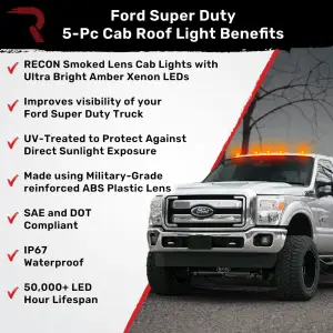 Recon Truck Accessories - 264143BK | Recon 5 Piece Cab Lights Smoked Lens Amber LEDs (1999-2016 F250, F350 Super Duty | DID NOT come with factory installed cab roof lights) - Image 11