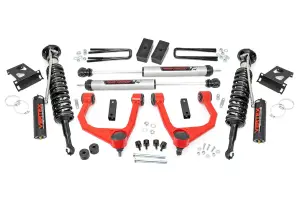 76857RED | Rough Country 3.5 Inch Lift Kit For Toyota Tundra 2WD/4WD (2007-2021) | Red Finish, Front Vertex Adjustable Coilovers (4WD Only), Rear V2 Monotube Shocks