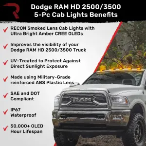 Recon Truck Accessories - 264346BK | Recon 5 Piece Cab Roof Light Set LED Smoked Lens in Amber (2019-2024 Ram 2500, 3500 | Replaces OEM factory installed cab roof lights) - Image 3