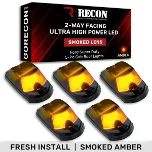 264342BKHPAM | Recon 5 Piece Smoked Cab Roof Light Set 2-Way Front & Rear Facing Ultra High-Power Amber LEDs (2017-2024 F250, F350 Super Duty | DID NOT come with factory installed cab roof lights)