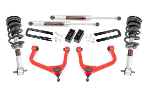 22640RED | Rough Country 3.5 Inch Lift Kit For GMC Sierra 1500 2WD/4WD (2019-2024) | Red Finish, Rear Factory Multi-Leaf Spring, M1 Struts With M1 Rear Shocks