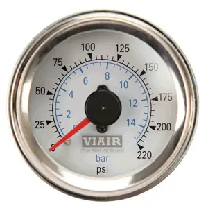 90081 | VIAIR Dash Panel Gauge | 220 PSI, White, 2 Inch, Dual Needle, Illuminated